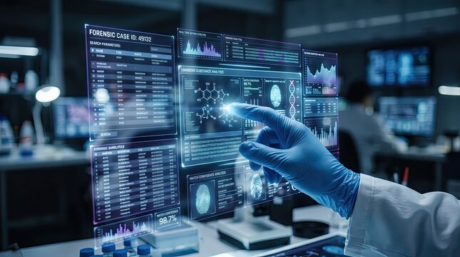 Forensic scientist's hand interacting with floating holographic dashboards, advanced analytics, futuristic interface panels, cinematic lighting, Gen by AI