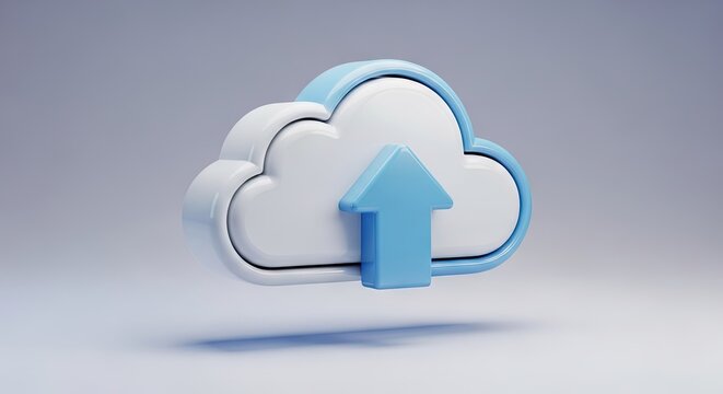 3D cloud with blue outline and upload arrow.