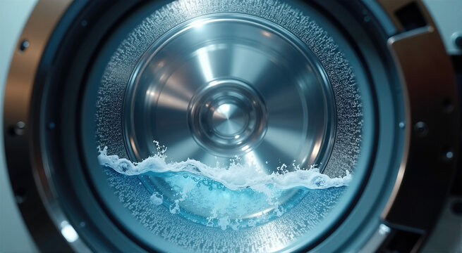 Washing machine drum spinning with soapy water. Close up of laundry cycle through glass door