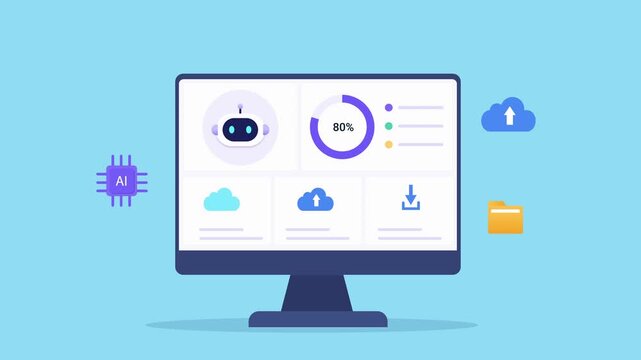 Modern flat vector animation of an AI dashboard on a desktop monitor with analytics widgets, progress indicator, cloud storage, and floating technology icons. Ideal for artificial intelligence, data m