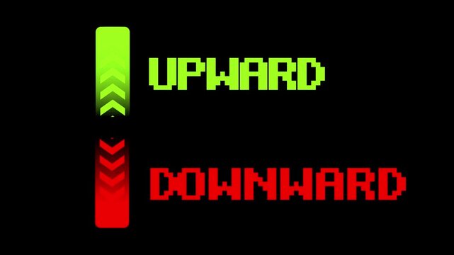 Green and red pixel font text displaying with arrow animation isolated on black background