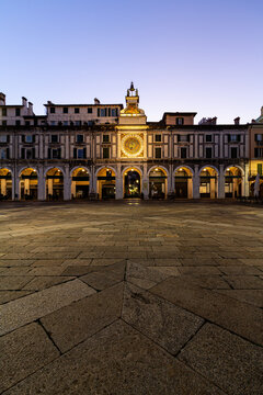 Torre dell'Orologio at Blue Hour in Piazza della Loggia, Brescia, Italy