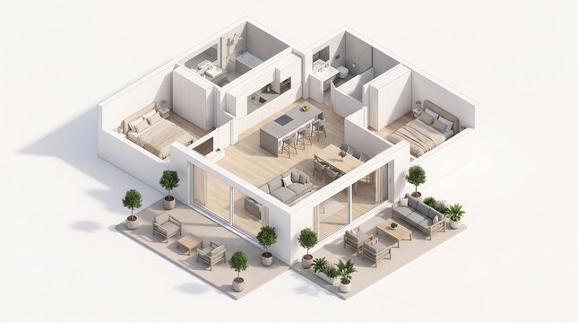 3d isometric floor plan of a modern twobedroom apartment with outdoor terrace