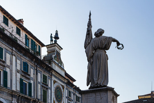 Statue in Piazza della Loggia at Sunrise, Brescia, Italy