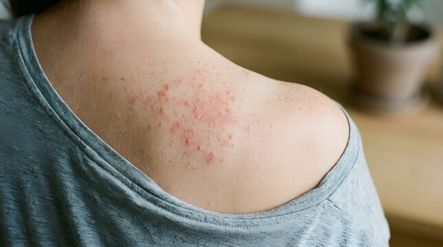 Close Up of Red Heat Rash on Woman Shoulder