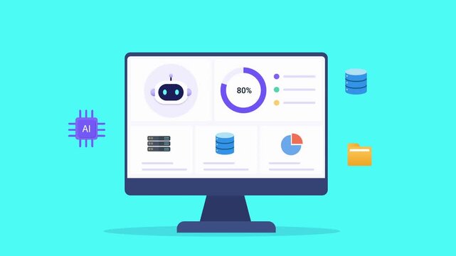 Modern flat vector animation of an AI analytics dashboard on a desktop monitor with data widgets, progress indicator, database, charts, and floating technology icons. Ideal for artificial intelligence