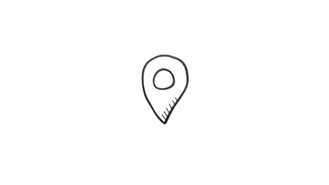 Hand-drawn animated location pin icon on a transparent background. Animated sketch style map marker doodle with alpha channel. Black and white hand-drawn map pin animation