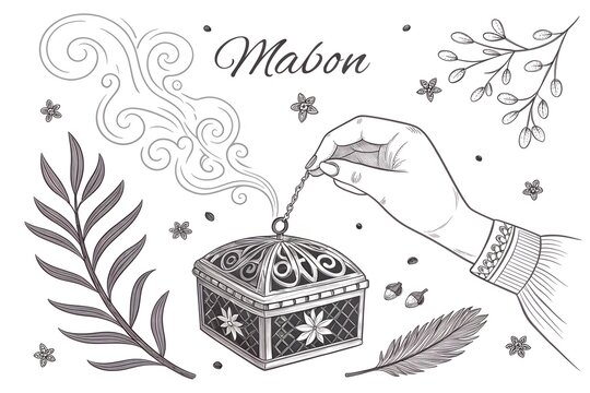 Elegant hand drawn illustration of a Mabon celebration theme featuring a woman holding a burning incense burner with swirling aromatic smoke and decorative botanical elements in a vintage line style.
