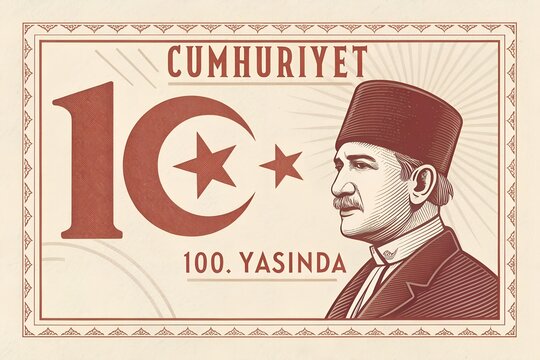 Vintage style commemorative illustration featuring a portrait of Mustafa Kemal Ataturk alongside the Turkish crescent and star symbol celebrating the one hundredth anniversary of the republic in a cla
