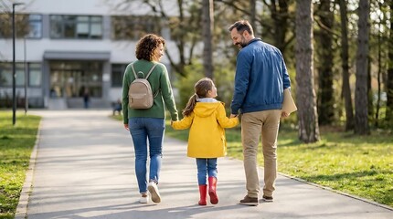 Obraz premium Family walking together outdoors during daytime near building and trees