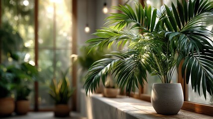 Fototapeta premium Indoor scene featuring potted palm plants on a wooden table with large windows allowing natural light to illuminate the space
