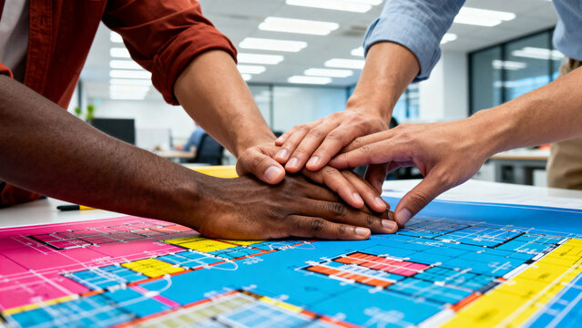 Diverse team collaborating on architectural blueprints with hands stacked in unity and support