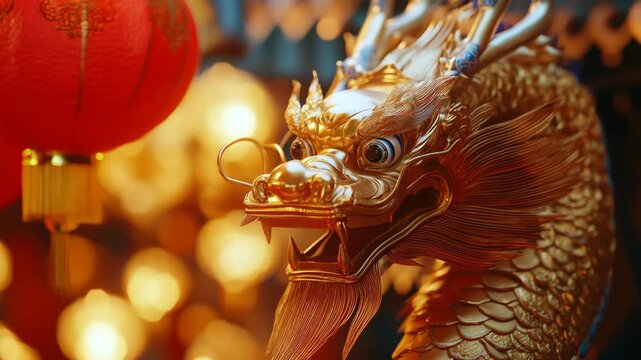 A traditional golden dragon statue illuminated by red lanterns.
