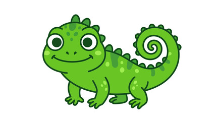 Fototapeta premium Cute green lizard cartoon character with large eyes and a spiral tail, funny reptile illustration isolated on a white background for design projects