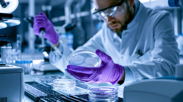 Gloved hands are working with a pipette and a Petri dish in a laboratory, a process of microbiological analysis and sample cultivation.