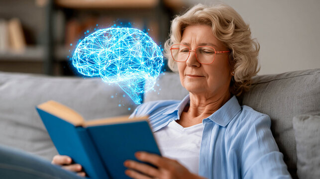 An elderly woman is reading a book while lying on a sofa, and a glowing hologram of a brain made of blue neural connections appears next to her. The concept of memory training and brain function.