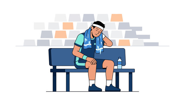 Tired Athlete Resting on Bench After Workout, Wiping Sweat with Towel