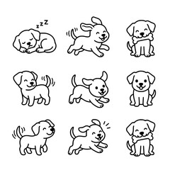 Obraz premium Set of cute puppy dog vector illustration icons featuring various playful actions like running sleeping and eating a bone rendered in a simple clean black line art style on transparent background.