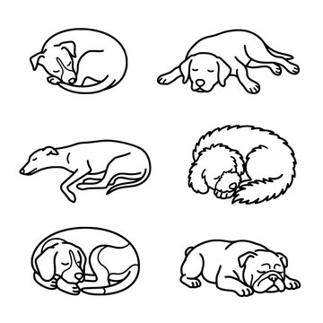 Multiple sleeping dogs in various resting positions depicted as a clean minimalist vector graphic illustration featuring simple bold black lines and artistic canine silhouettes presented on a plain wh