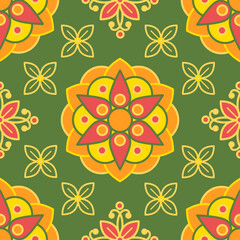 Fototapeta premium Floral seamless pattern with vibrant mandala flowers, geometric petals, ornamental retro botanical motifs vintage folk style. Yellow, orange, pink, green background. Repeating floral symmetry design 