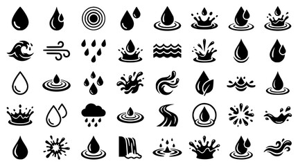 Obraz premium : Black Water Drop and Splash Vector Icon Set with Ripple Liquid and Hydration Symbols