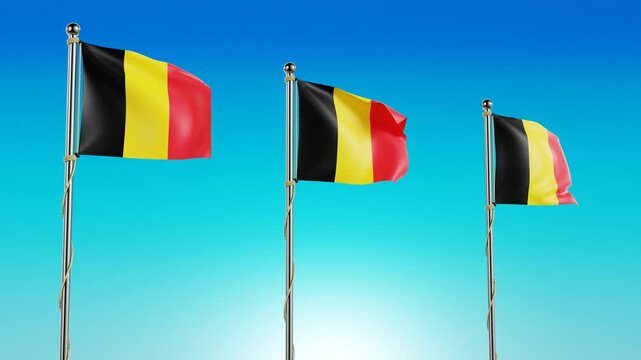 Three national flags of Belgium synchronously waving in the wind as a 4K 3D looping video animation against a vibrant blue sky, perfectly suited for European political broadcasts and events.