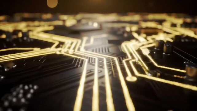 Close-up of a digital circuit board with glowing yellow lines, showing intricate pathways and electronic components, representing technology and data flow