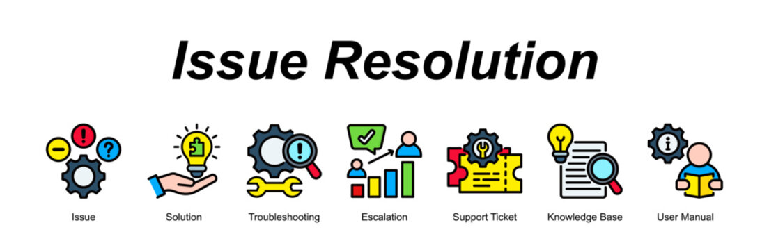 Issue Resolution web banner icon vector illustration concept for with icon of Issue, Solution, Troubleshooting, Escalation, Support Ticket, Knowledge Base, U.