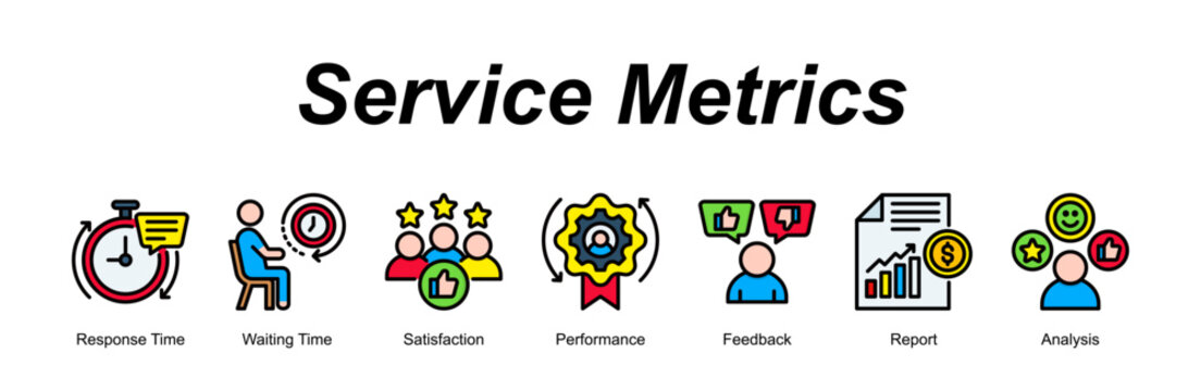 Service Metrics web banner icon vector illustration concept for with icon of Response Time, Waiting Time, Satisfaction, Performance, Feedback, R.