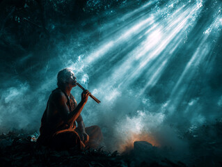 Fototapeta premium A person conducts a cleansing ritual using Palo Santo in a forest with sunlight shining through trees while smoke rises around them