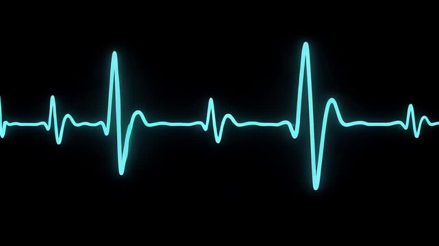 A vibrant cyan waveform pattern pulsates rhythmically across a dark void to represent the biological activity of a human heart during a medical examination performed within a professional health