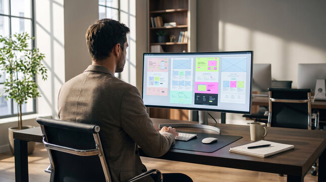 Back view of a professional UI/UX designer sitting in front of an ultrawide monitor displaying colorful website prototypes
