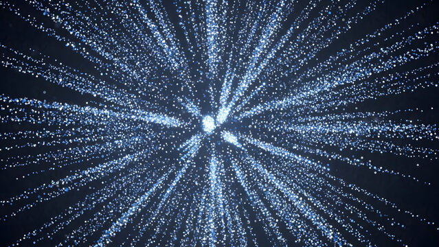 Abstract blue particle explosion light streaks on dark background