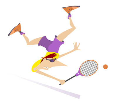 A tennis player hits the ball from an awkward position