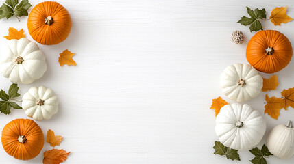 Fototapeta premium A flat lay of orange and white pumpkins with autumn leaves scattered on a white wooden background, creating a festive fall atmosphere.