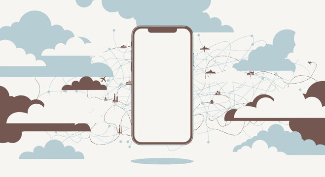 Digital Flight Routes Over Global Map with Smartphone Display