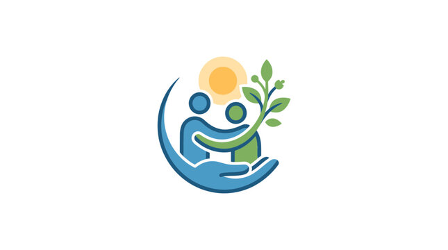 Abstract community logo featuring people with hand plant and sun