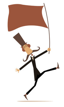 Illustration of  a walking man in the top hat with flag