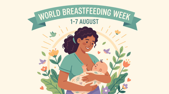 Flat vector illustration showing diverse mother breastfeeding infant f
