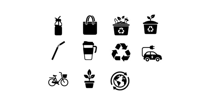 Icon set collection of various eco-friendly lifestyle symbols including recycling, sustainable transport, reusable containers, and natural environmental conservation concepts.