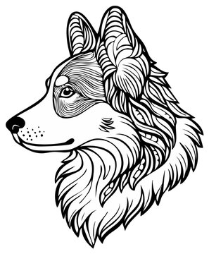 Dog head ornate vector illustration coloring page outline pet portrait animal line art artwork style