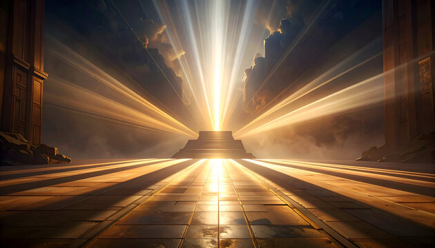 A bright golden light bursts from a stone temple?s stepped platform, radiating outwards