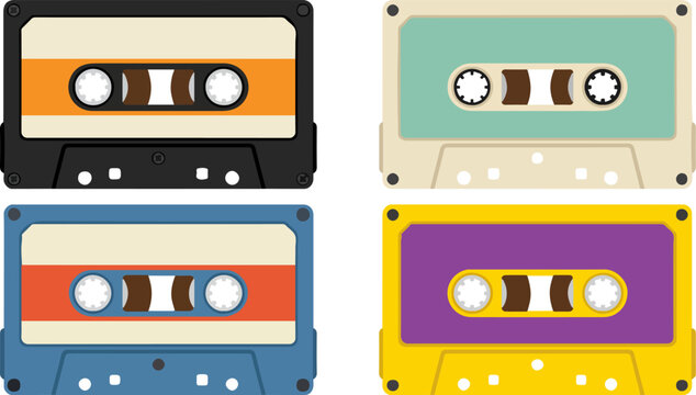 Colorful cassette tapes in black blue yellow and green on white background
