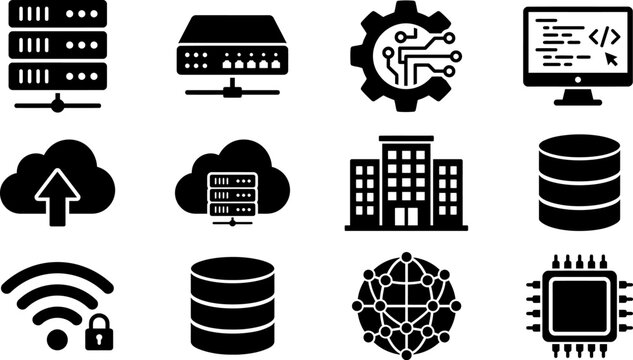 Collection of black and white data center and network infrastructure icons