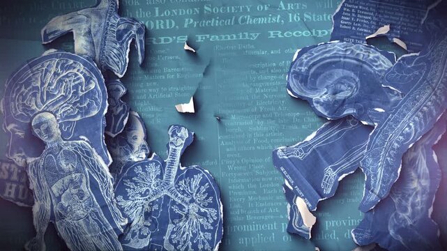 A vintage anatomical themed background of old illustrations that animate into place from torn paper pieces.
