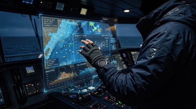 Marine navigator's hand interacting with floating holographic dashboards, advanced analytics, futuristic interface panels, Gen by AI
