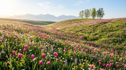 Fototapeta premium Sunlit Hillside Covered with Endless Pink Tulips and Colorful Wildflowers