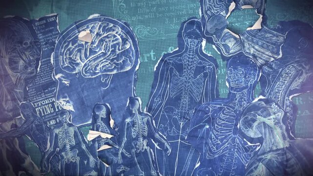A vintage anatomical themed background of old illustrations that animate into place from torn paper pieces.
