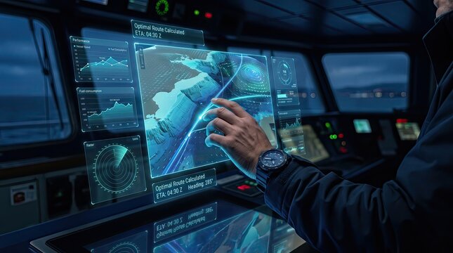 Marine navigator's hand interacting with floating holographic dashboards, advanced analytics, futuristic interface panels, Gen by AI

