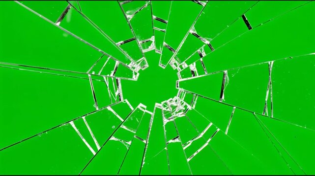 Bullet hole impact in shattered glass pane on green screen